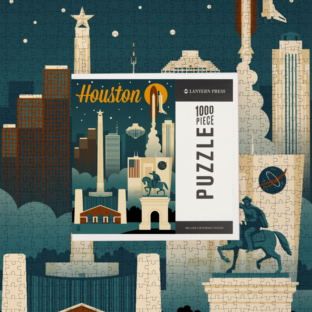 Houston, Texas, Retro Skyline, Jigsaw Puzzle Puzzle Lantern Press 