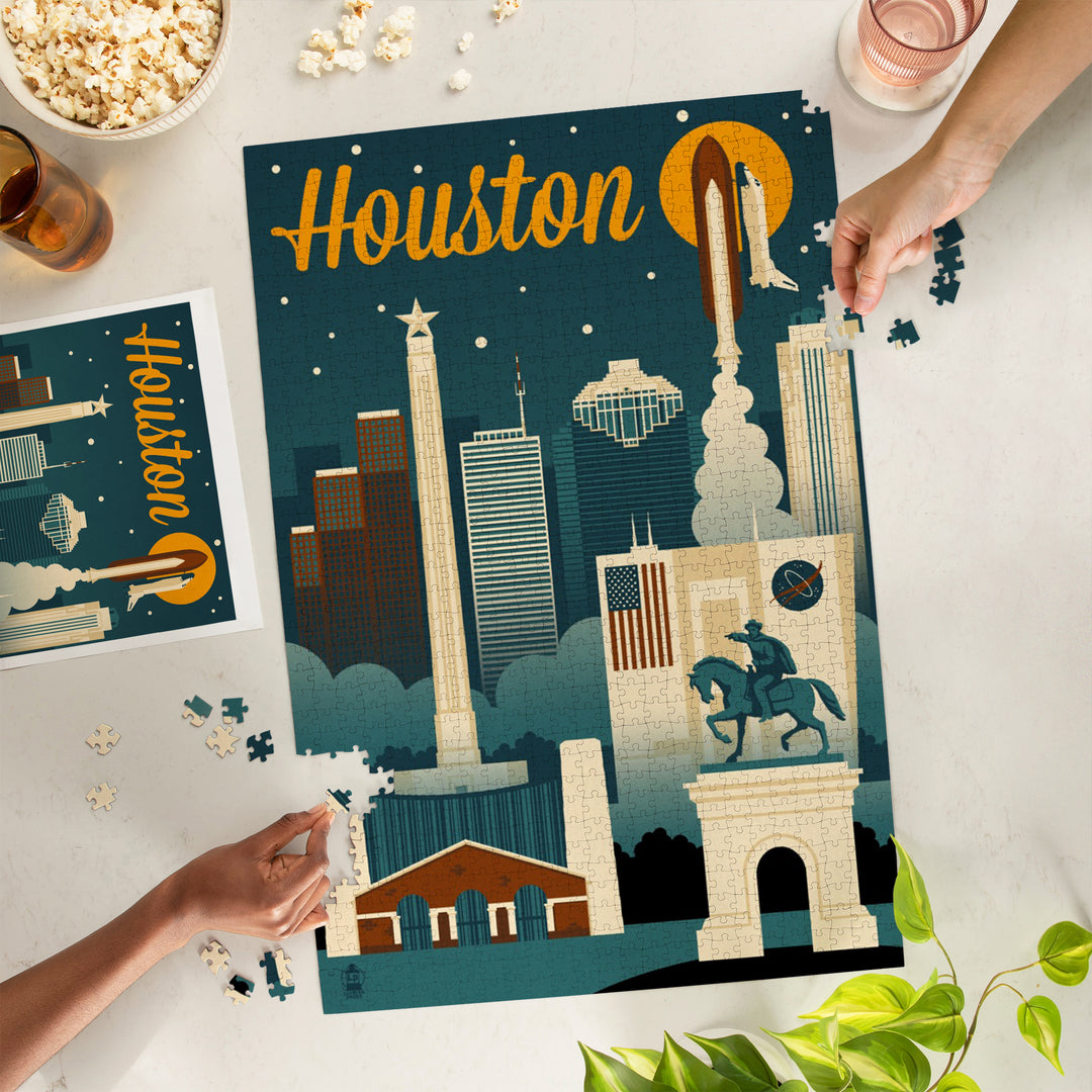 Houston, Texas, Retro Skyline, Jigsaw Puzzle Puzzle Lantern Press 