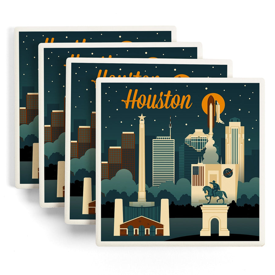 Houston, Texas, Retro Skyline, Lantern Press Artwork, Coaster Set - Lantern Press