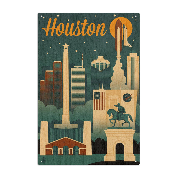 Houston, Texas, Retro Skyline, Lantern Press Artwork, Wood Signs and Postcards Wood Lantern Press 10 x 15 Wood Sign 