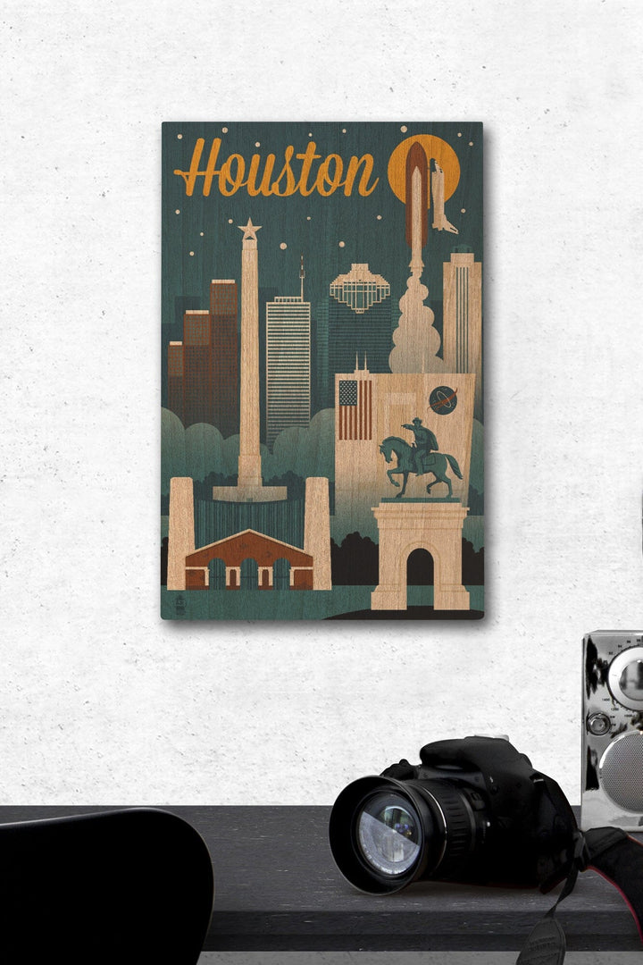 Houston, Texas, Retro Skyline, Lantern Press Artwork, Wood Signs and Postcards Wood Lantern Press 12 x 18 Wood Gallery Print 
