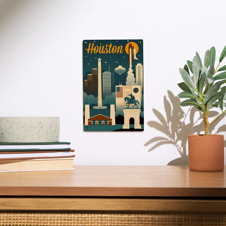 Houston, Texas, Retro Skyline, Lantern Press Artwork, Wood Signs and Postcards Wood Lantern Press 