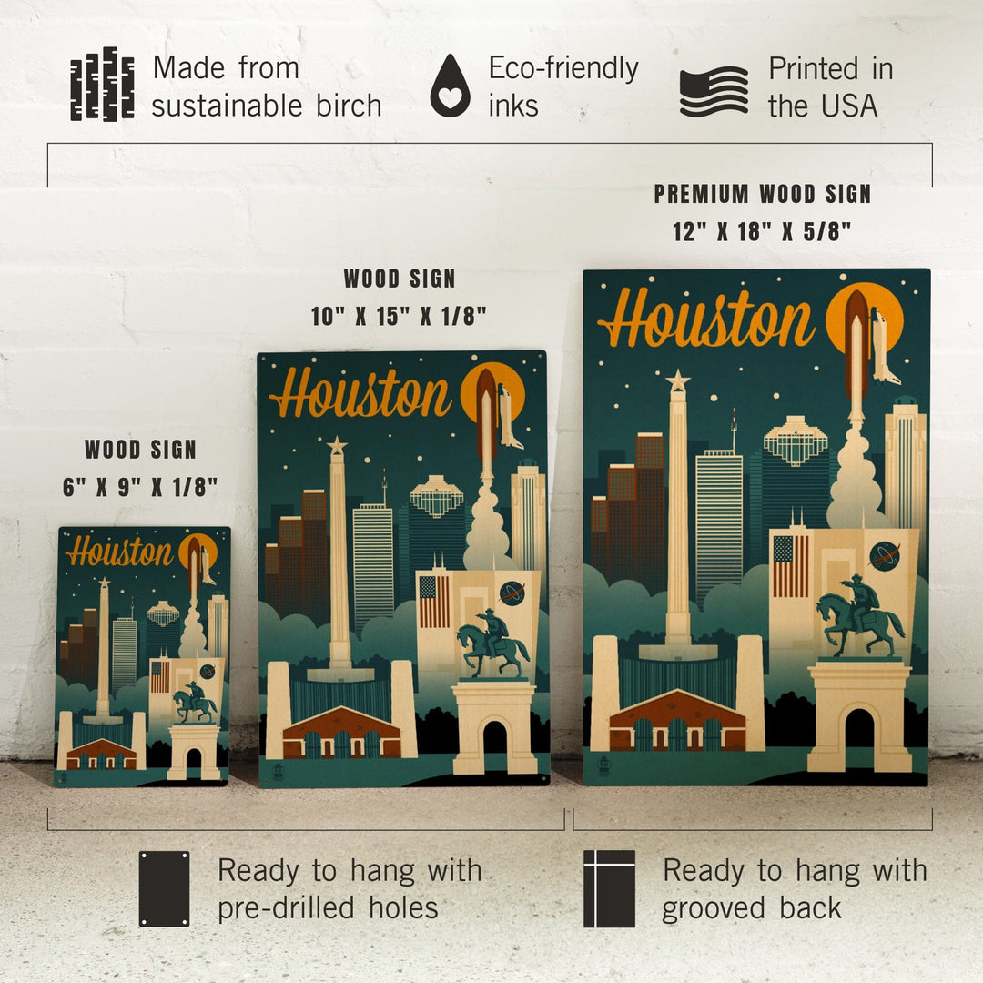 Houston, Texas, Retro Skyline, Lantern Press Artwork, Wood Signs and Postcards Wood Lantern Press 