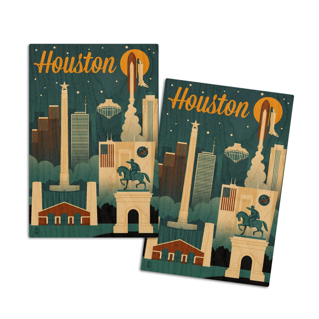 Houston, Texas, Retro Skyline, Lantern Press Artwork, Wood Signs and Postcards Wood Lantern Press 4x6 Wood Postcard Set 