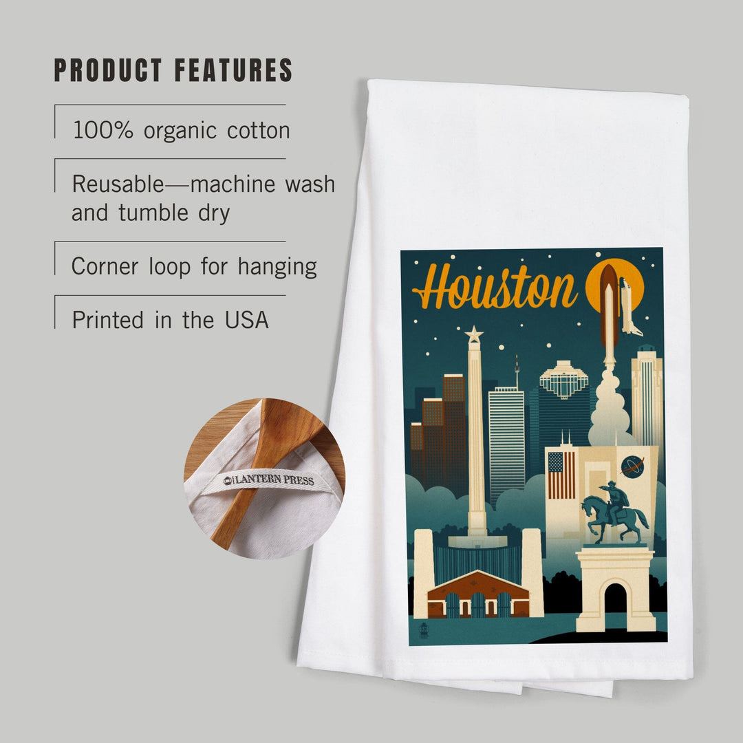Houston, Texas, Retro Skyline, Organic Cotton Kitchen Tea Towels Kitchen Lantern Press 