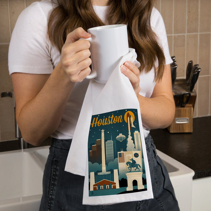 Houston, Texas, Retro Skyline, Organic Cotton Kitchen Tea Towels Kitchen Lantern Press 