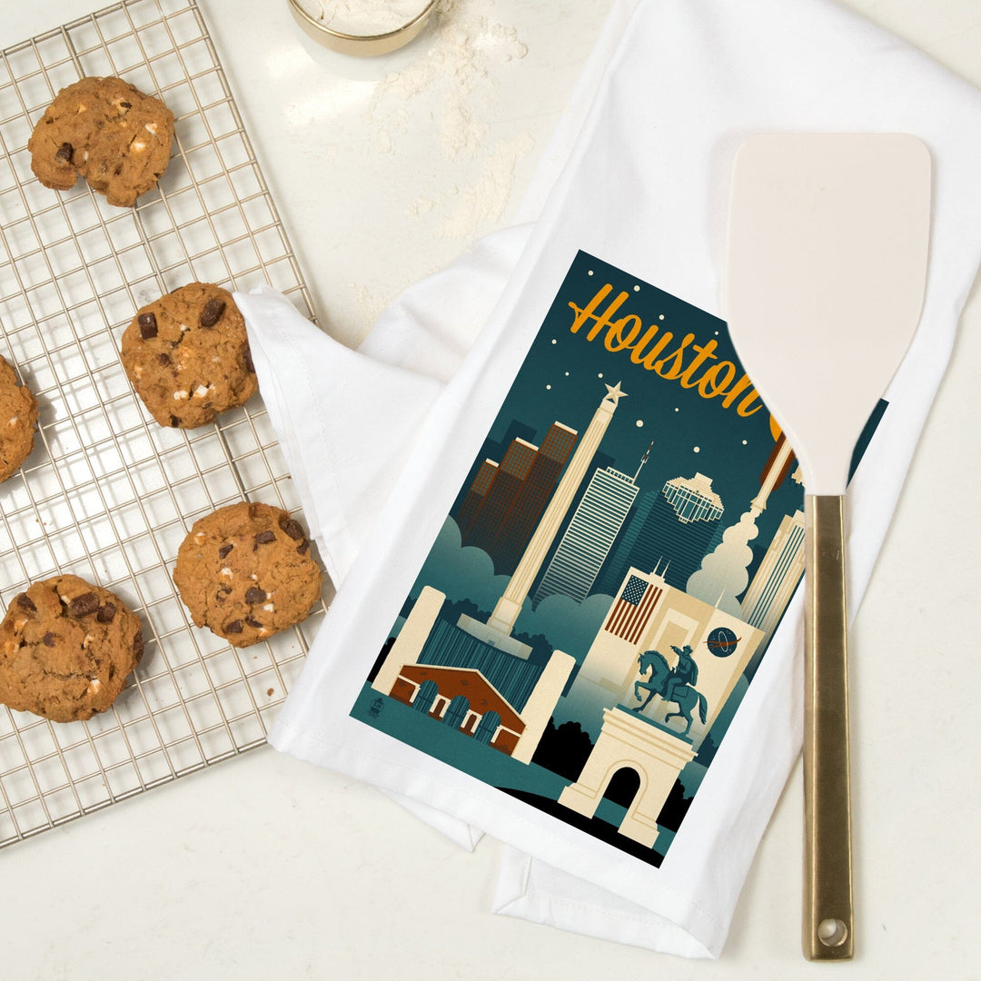 Houston, Texas, Retro Skyline, Organic Cotton Kitchen Tea Towels Kitchen Lantern Press 