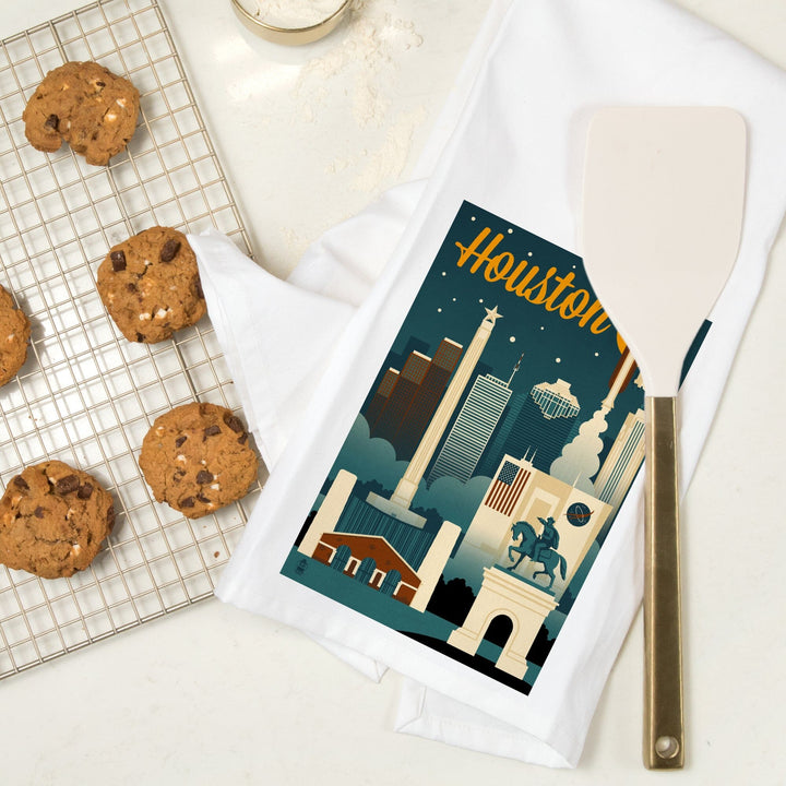 Houston, Texas, Retro Skyline, Organic Cotton Kitchen Tea Towels Kitchen Lantern Press 