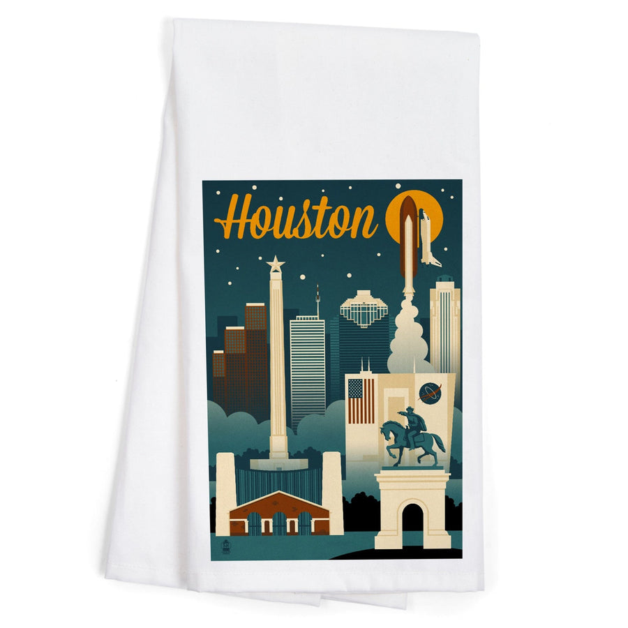 Houston, Texas, Retro Skyline, Organic Cotton Kitchen Tea Towels Kitchen Lantern Press 