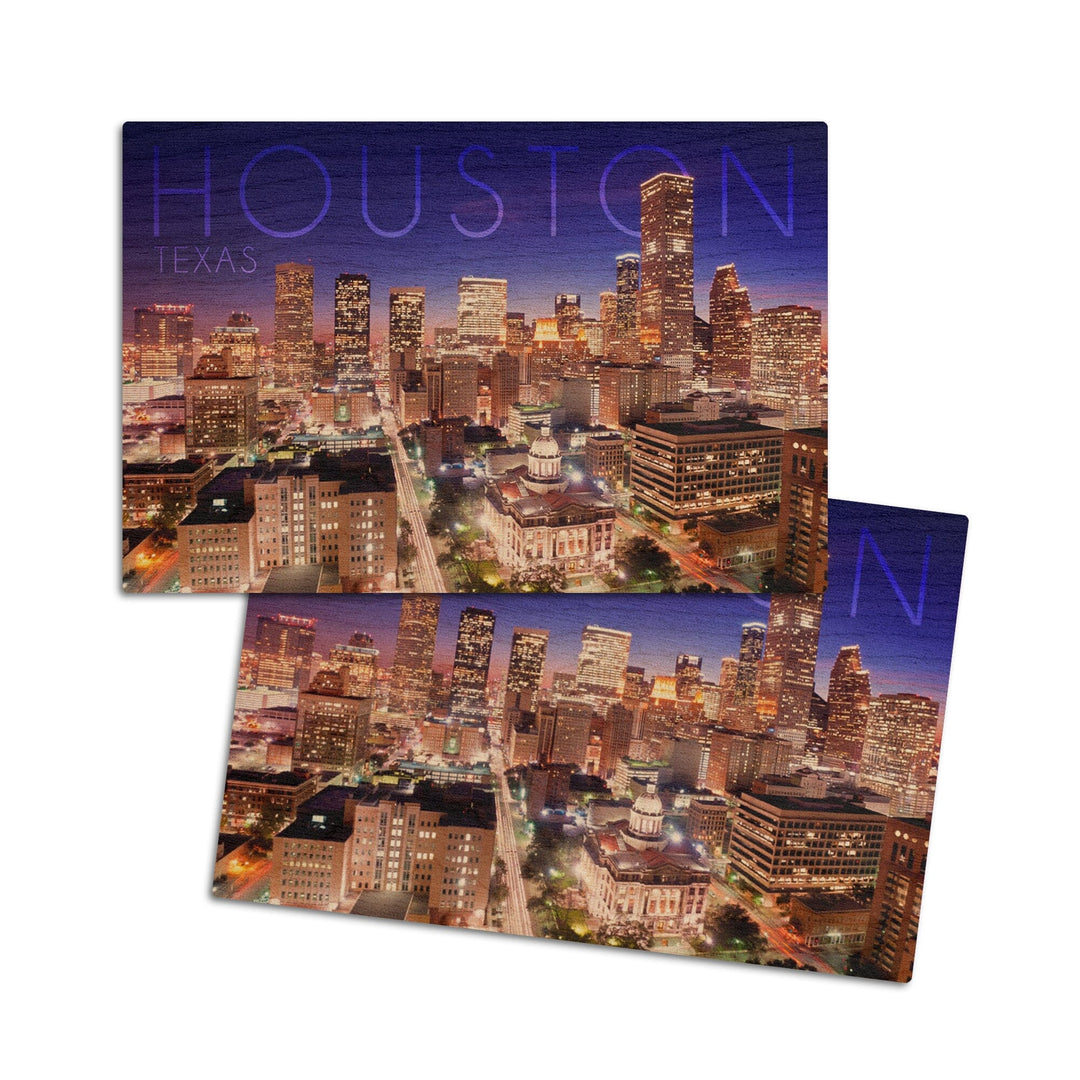 Houston, Texas, Skyline at Night, Lantern Press Photography, Wood Signs and Postcards Wood Lantern Press 4x6 Wood Postcard Set 