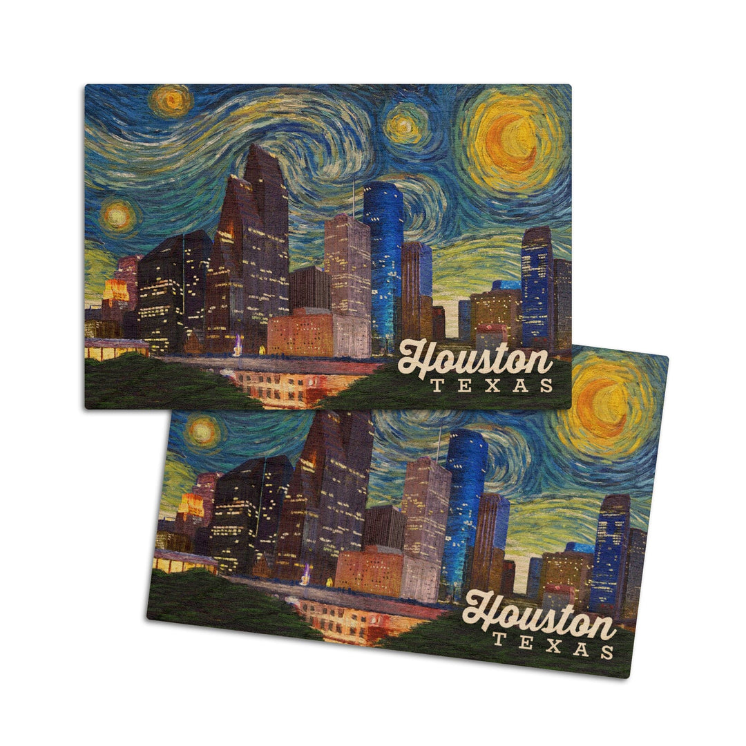 Houston, Texas, Starry Night Series, Lantern Press Artwork, Wood Signs and Postcards Wood Lantern Press 4x6 Wood Postcard Set 