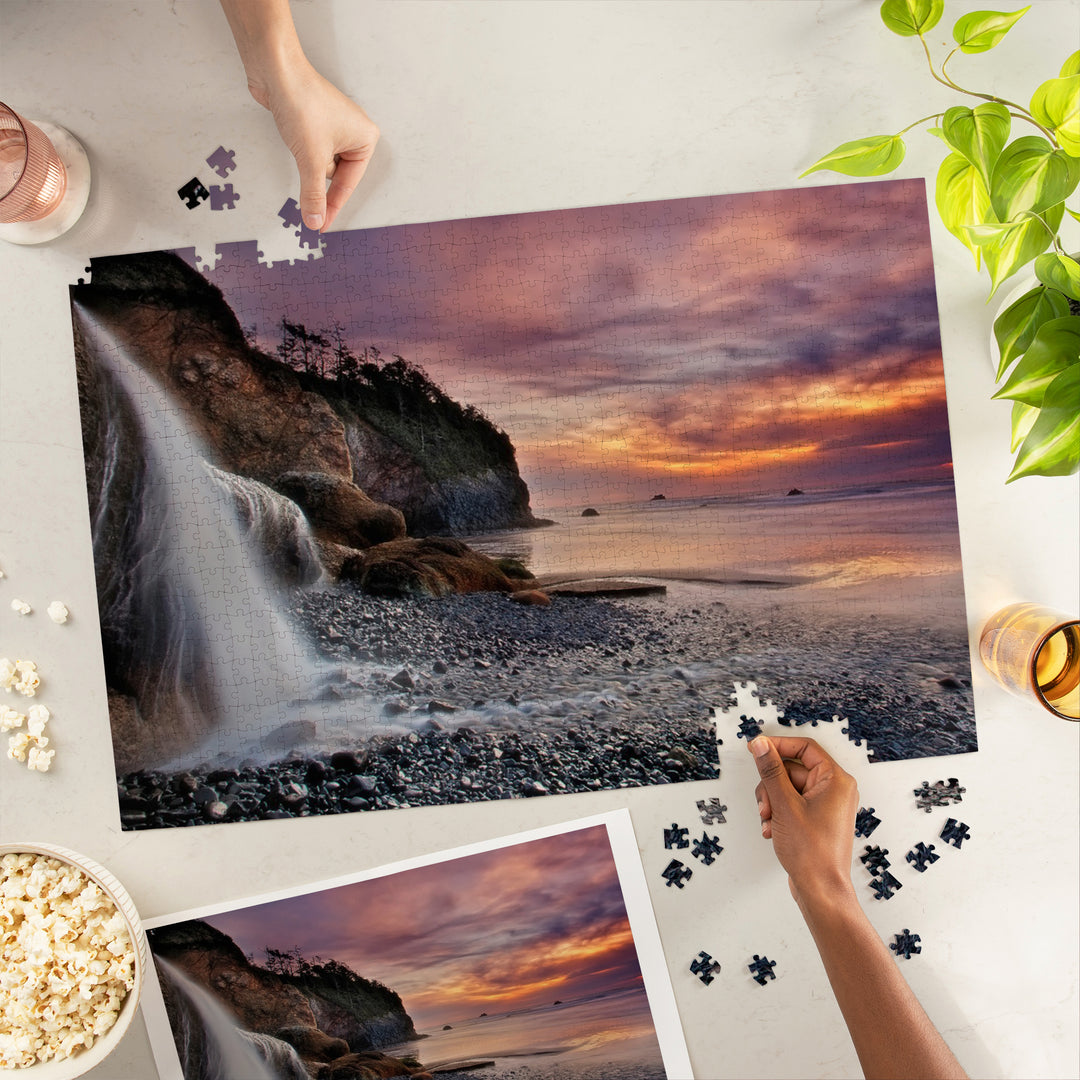 Hug Point, Oregon, Sunset, Waterfall, Jigsaw Puzzle Puzzle Lantern Press 