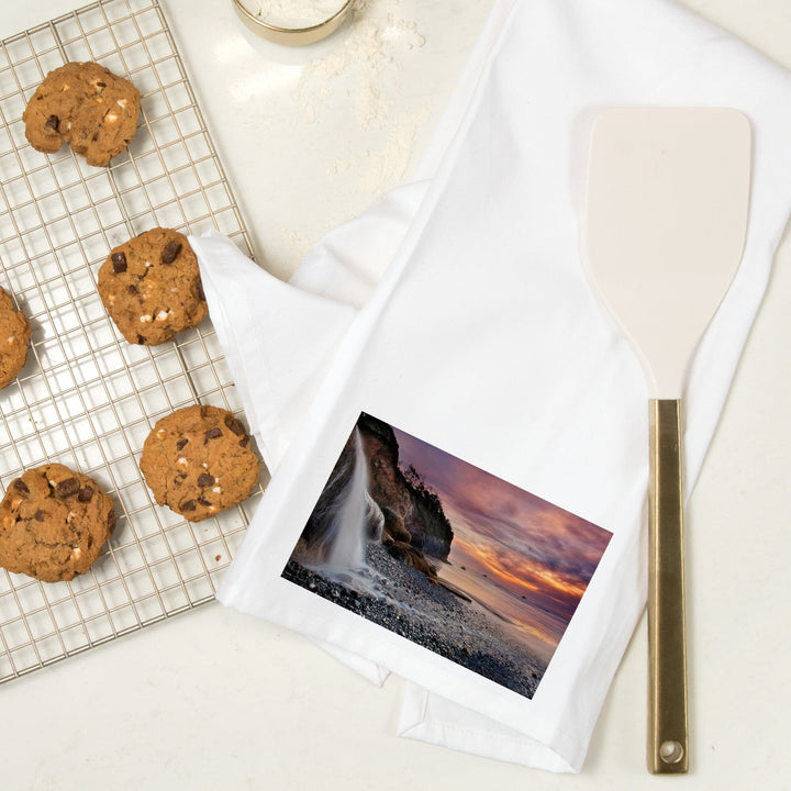 Hug Point, Oregon, Sunset, Waterfall, Organic Cotton Kitchen Tea Towels Kitchen Lantern Press 