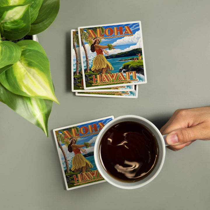 Hula Girl on Coast, Aloha Hawaii, Coasters Coasters Lantern Press 