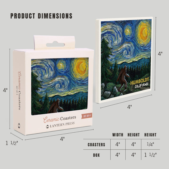 Humboldt, California, Bigfoot, Van Gogh Starry Night, Lantern Press Artwork, Coaster Set - Lantern Press