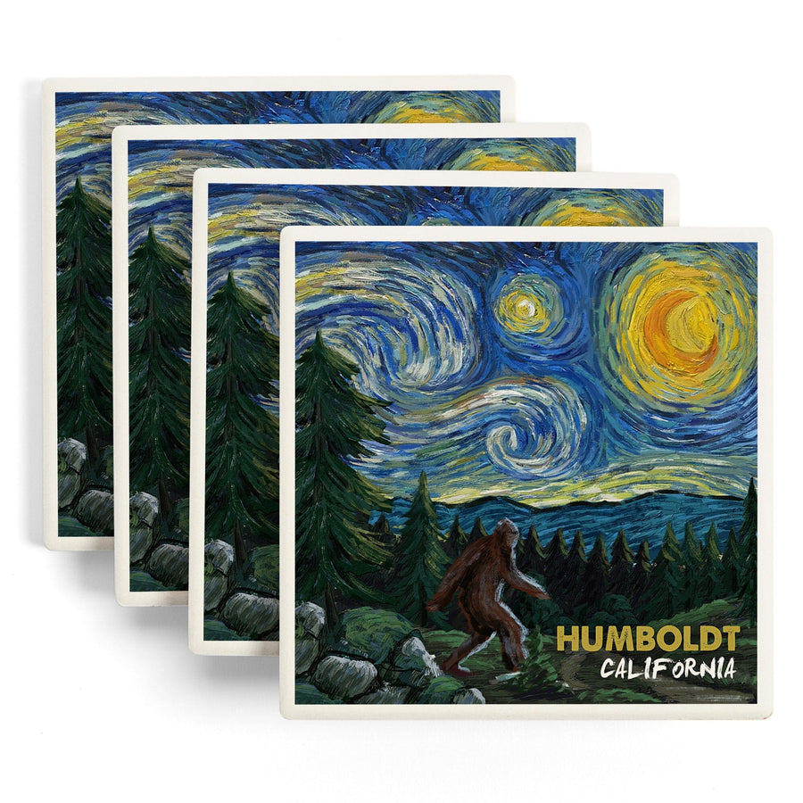 Humboldt, California, Bigfoot, Van Gogh Starry Night, Lantern Press Artwork, Coaster Set - Lantern Press