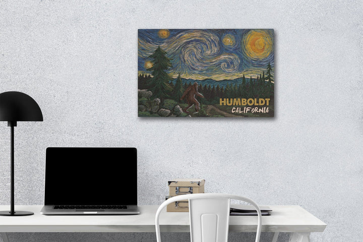 Humboldt, California, Bigfoot, Van Gogh Starry Night, Lantern Press Artwork, Wood Signs and Postcards Wood Lantern Press 12 x 18 Wood Gallery Print 