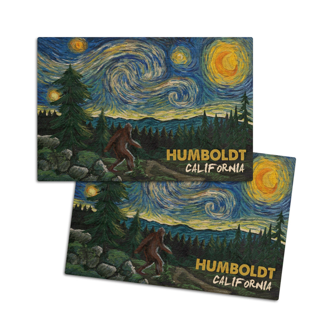 Humboldt, California, Bigfoot, Van Gogh Starry Night, Lantern Press Artwork, Wood Signs and Postcards Wood Lantern Press 4x6 Wood Postcard Set 