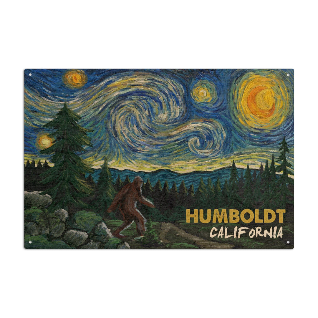 Humboldt, California, Bigfoot, Van Gogh Starry Night, Lantern Press Artwork, Wood Signs and Postcards Wood Lantern Press 6x9 Wood Sign 