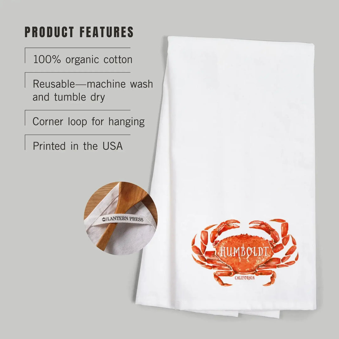 Humboldt, California, Dungeness Crab, Watercolor, Organic Cotton Kitchen Tea Towels Kitchen Lantern Press 