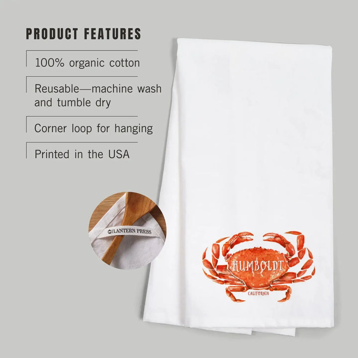 Humboldt, California, Dungeness Crab, Watercolor, Organic Cotton Kitchen Tea Towels Kitchen Lantern Press 