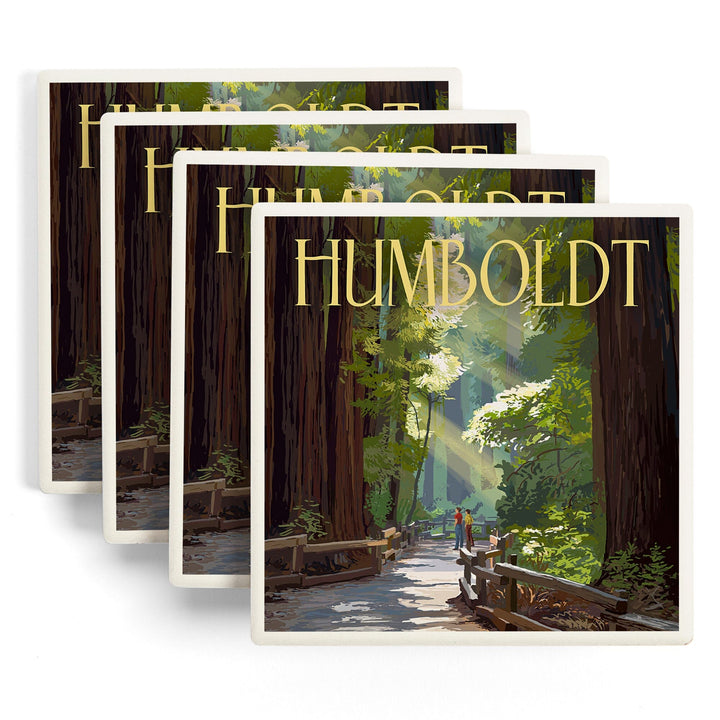 Humboldt, California, Redwoods, Pathway in Trees, Lantern Press Artwork, Coaster Set - Lantern Press