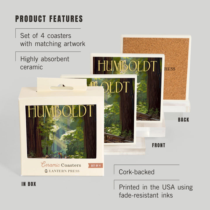 Humboldt, California, Redwoods, Pathway in Trees, Lantern Press Artwork, Coaster Set - Lantern Press