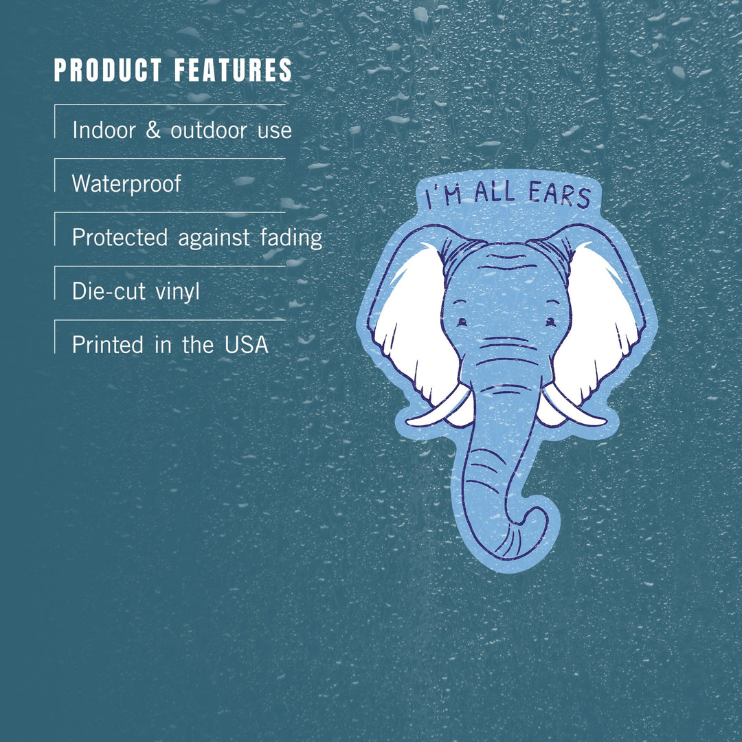 Humorous Animals Collection, Elephant, I'm All Ears, Contour, Vinyl Sticker Sticker Lantern Press 