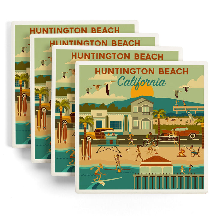 Huntington Beach, CA, Geometric City Series, Lantern Press Artwork, Coaster Set - Lantern Press