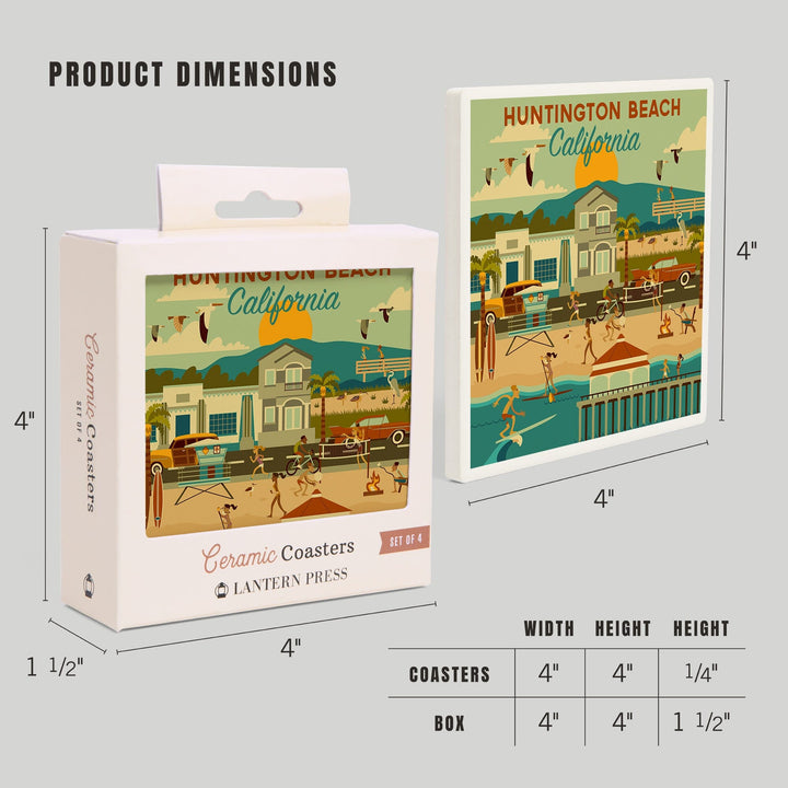 Huntington Beach, CA, Geometric City Series, Lantern Press Artwork, Coaster Set - Lantern Press