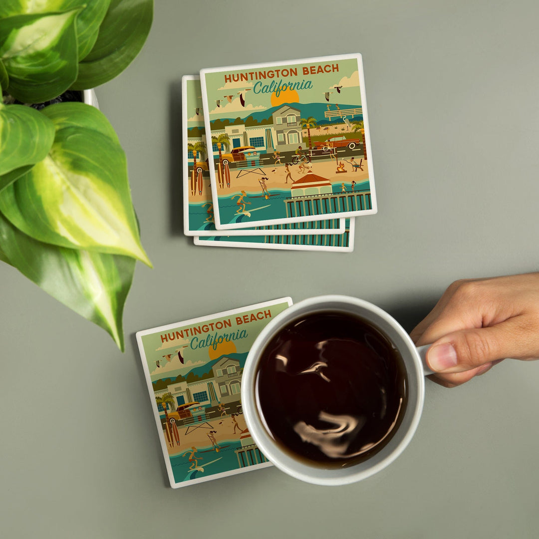 Huntington Beach, CA, Geometric City Series, Lantern Press Artwork, Coaster Set - Lantern Press