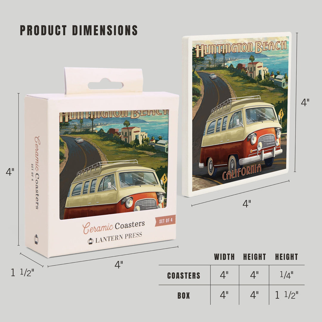 Huntington Beach, California, Camper Van, Lantern Press Artwork, Coaster Set - Lantern Press