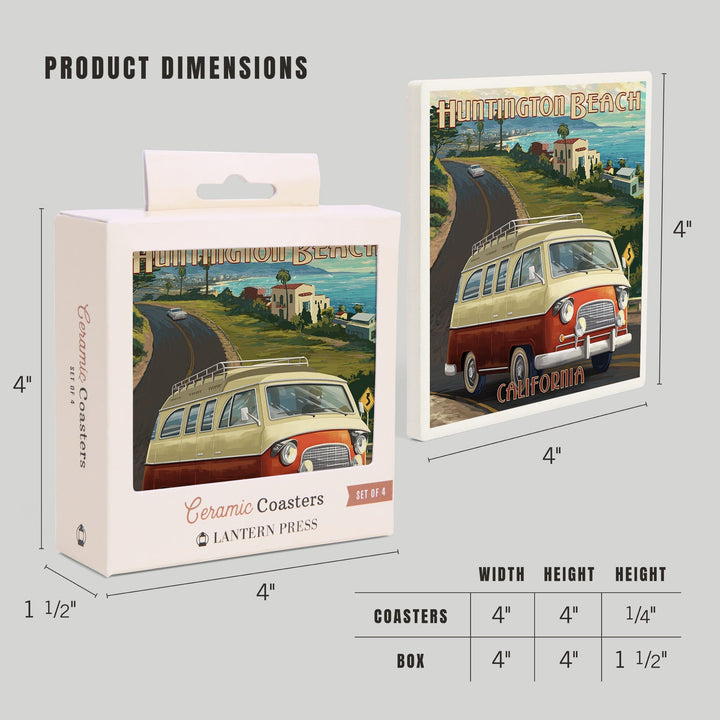 Huntington Beach, California, Camper Van, Lantern Press Artwork, Coaster Set - Lantern Press