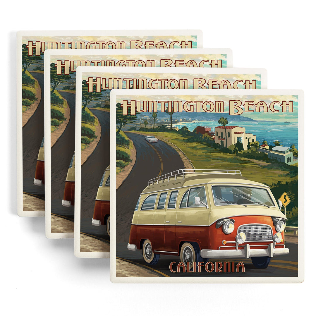 Huntington Beach, California, Camper Van, Lantern Press Artwork, Coaster Set - Lantern Press