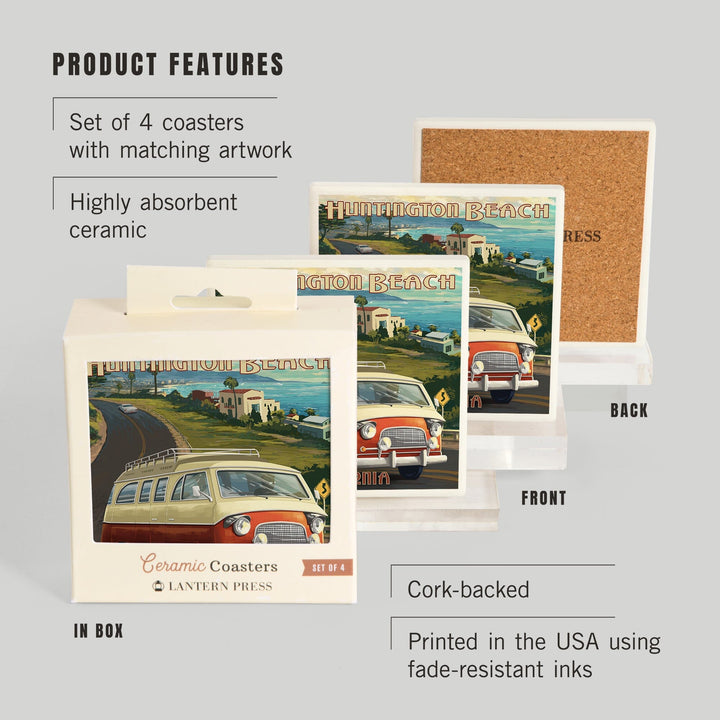 Huntington Beach, California, Camper Van, Lantern Press Artwork, Coaster Set - Lantern Press