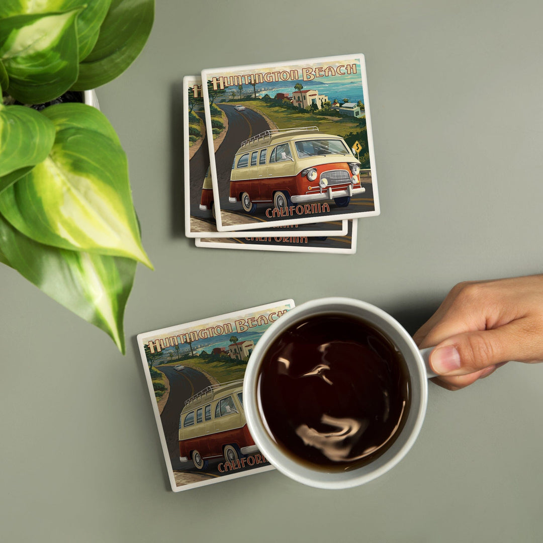 Huntington Beach, California, Camper Van, Lantern Press Artwork, Coaster Set - Lantern Press