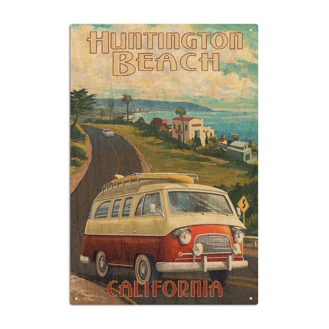 Huntington Beach, California, Camper Van, Lantern Press Artwork, Wood Signs and Postcards Wood Lantern Press 6x9 Wood Sign 