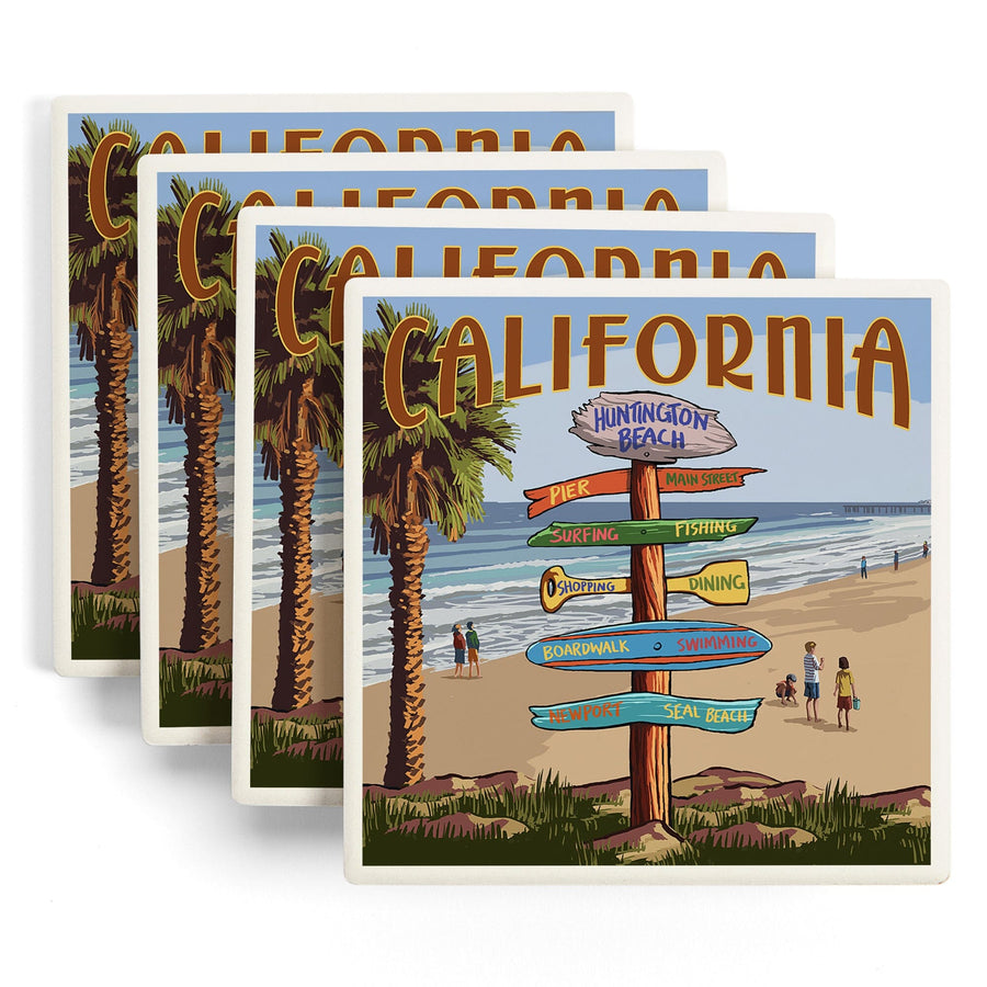 Huntington Beach, California, Destinations Sign, Lantern Press Artwork, Coaster Set - Lantern Press