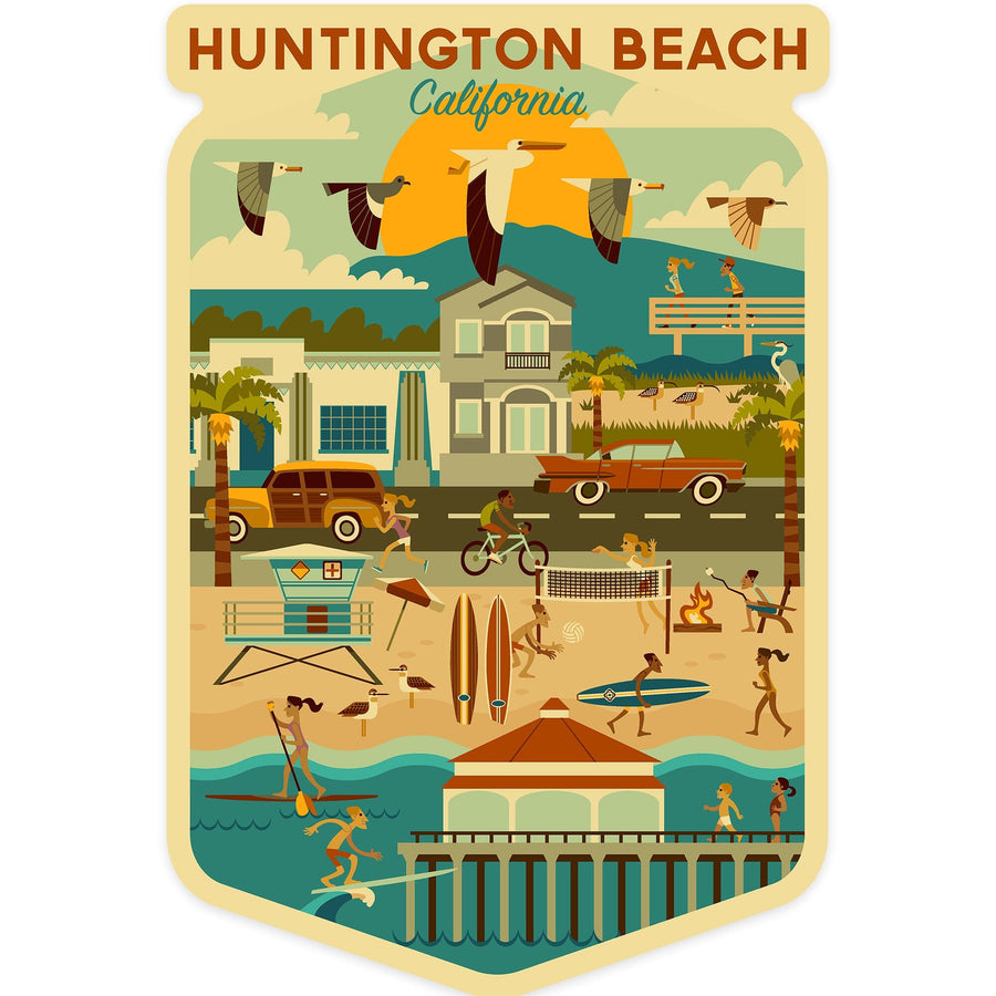 Huntington Beach, California, Geometric City Series, Contour, Vinyl Sticker Sticker Lantern Press 