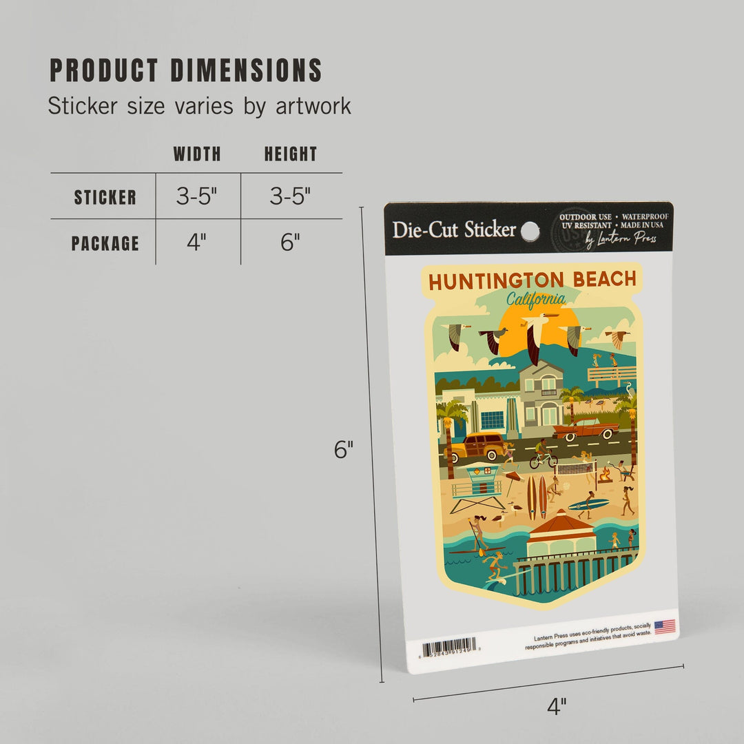 Huntington Beach, California, Geometric City Series, Contour, Vinyl Sticker Sticker Lantern Press 