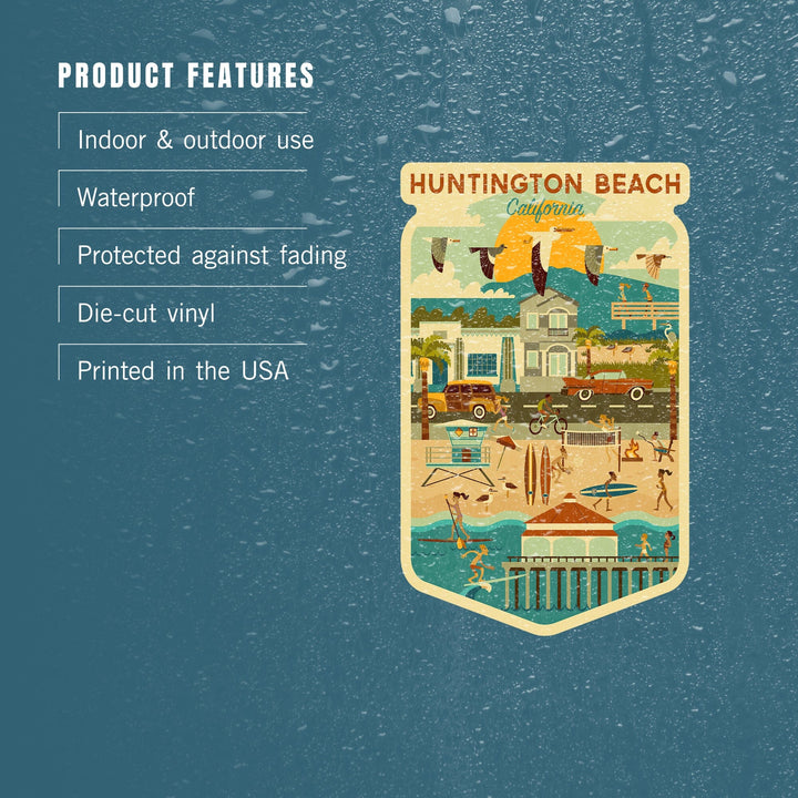 Huntington Beach, California, Geometric City Series, Contour, Vinyl Sticker Sticker Lantern Press 