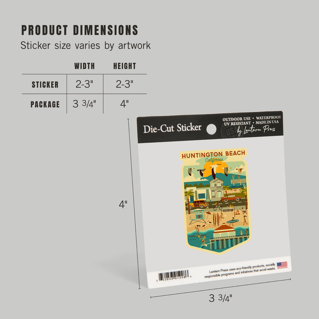 Huntington Beach, California, Geometric City Series, Contour, Vinyl Sticker Sticker Lantern Press 