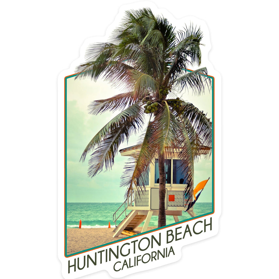 Huntington Beach, California, Lifeguard Shack & Palm, Contour, Lantern Press Photography, Vinyl Sticker Sticker Lantern Press 