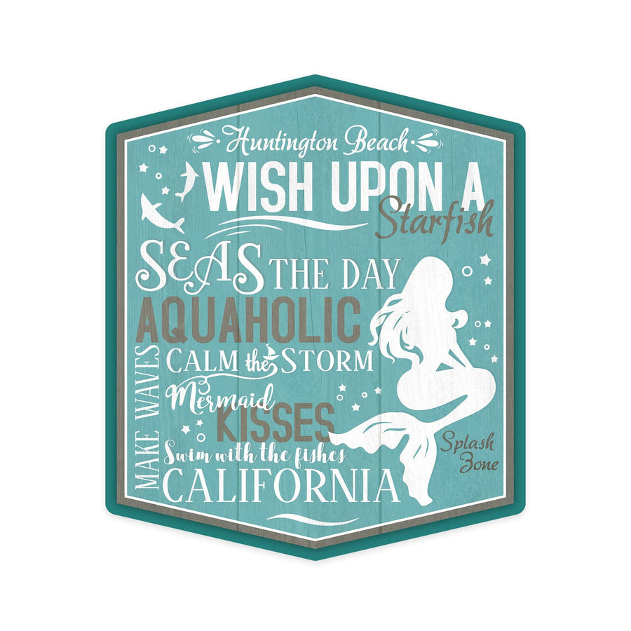 Huntington Beach, California, Mermaid Typography, Contour, Vinyl Sticker - Lantern Press