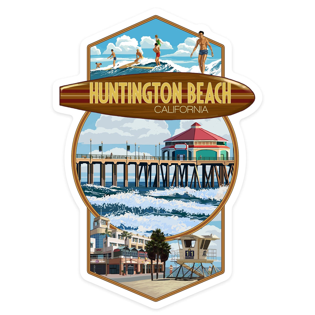 Huntington Beach, California, Montage Scenes, Contour, Lantern Press Artwork, Vinyl Sticker Sticker Lantern Press 