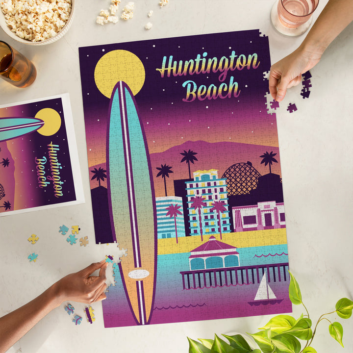 Huntington Beach, California, Retro Skyline Chromatic Series, Jigsaw Puzzle Puzzle Lantern Press 