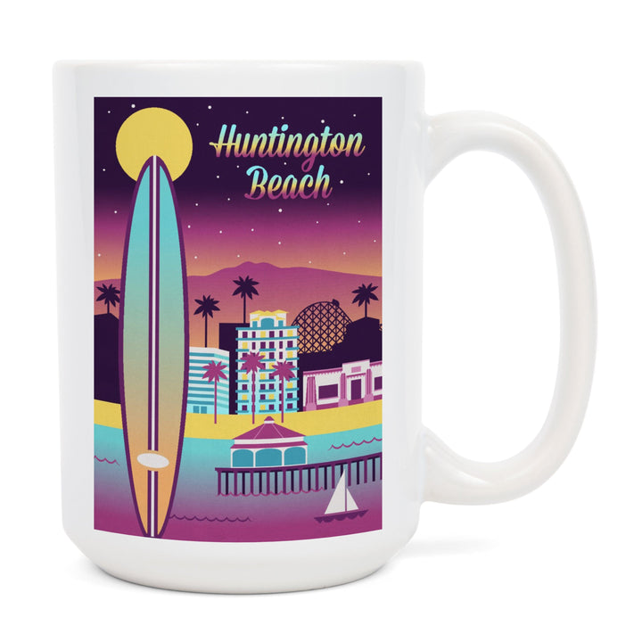 Huntington Beach, California, Retro Skyline Chromatic Series, Lantern Press Artwork, Ceramic Mug Mugs Lantern Press 