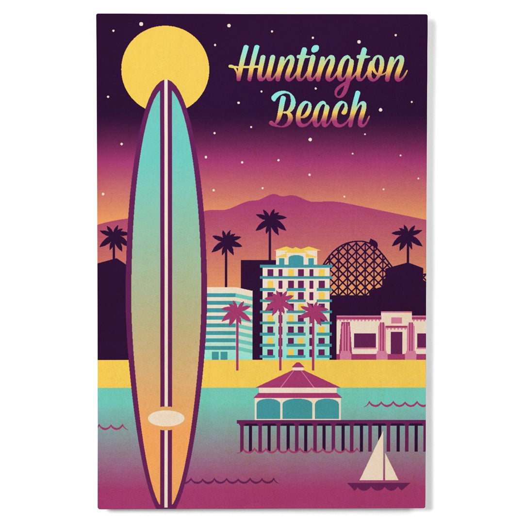 Huntington Beach, California, Retro Skyline Chromatic Series, Lantern Press Artwork, Wood Signs and Postcards - Lantern Press