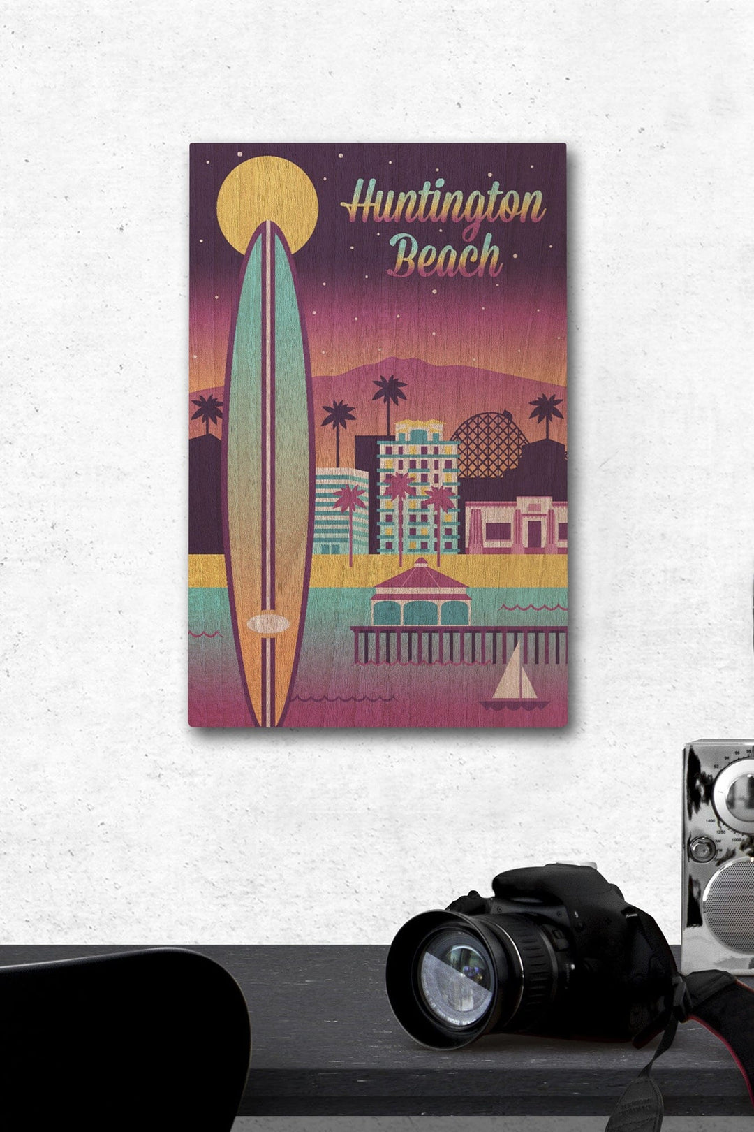 Huntington Beach, California, Retro Skyline Chromatic Series, Lantern Press Artwork, Wood Signs and Postcards Wood Lantern Press 12 x 18 Wood Gallery Print 