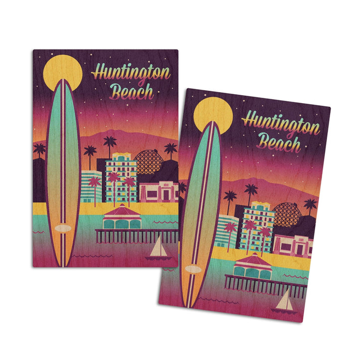 Huntington Beach, California, Retro Skyline Chromatic Series, Lantern Press Artwork, Wood Signs and Postcards Wood Lantern Press 4x6 Wood Postcard Set 